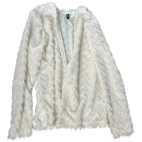 H&M Cream Faux Fur Shaggy Long Sleeve Open Front Cardigan Women’s Small - Picture 1 of 6